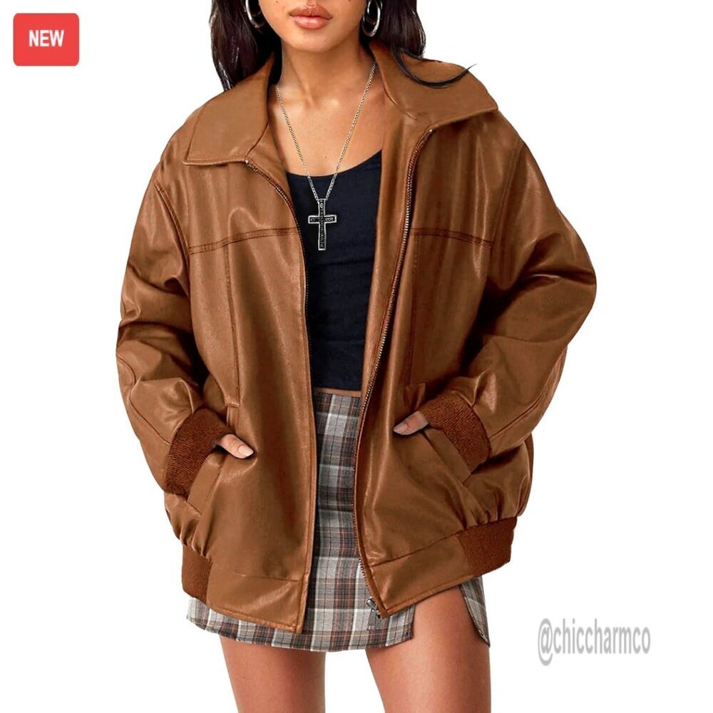 Oversized Faux Leather Motorcycle Bomber Jacket Zip Up Women's Outerwear